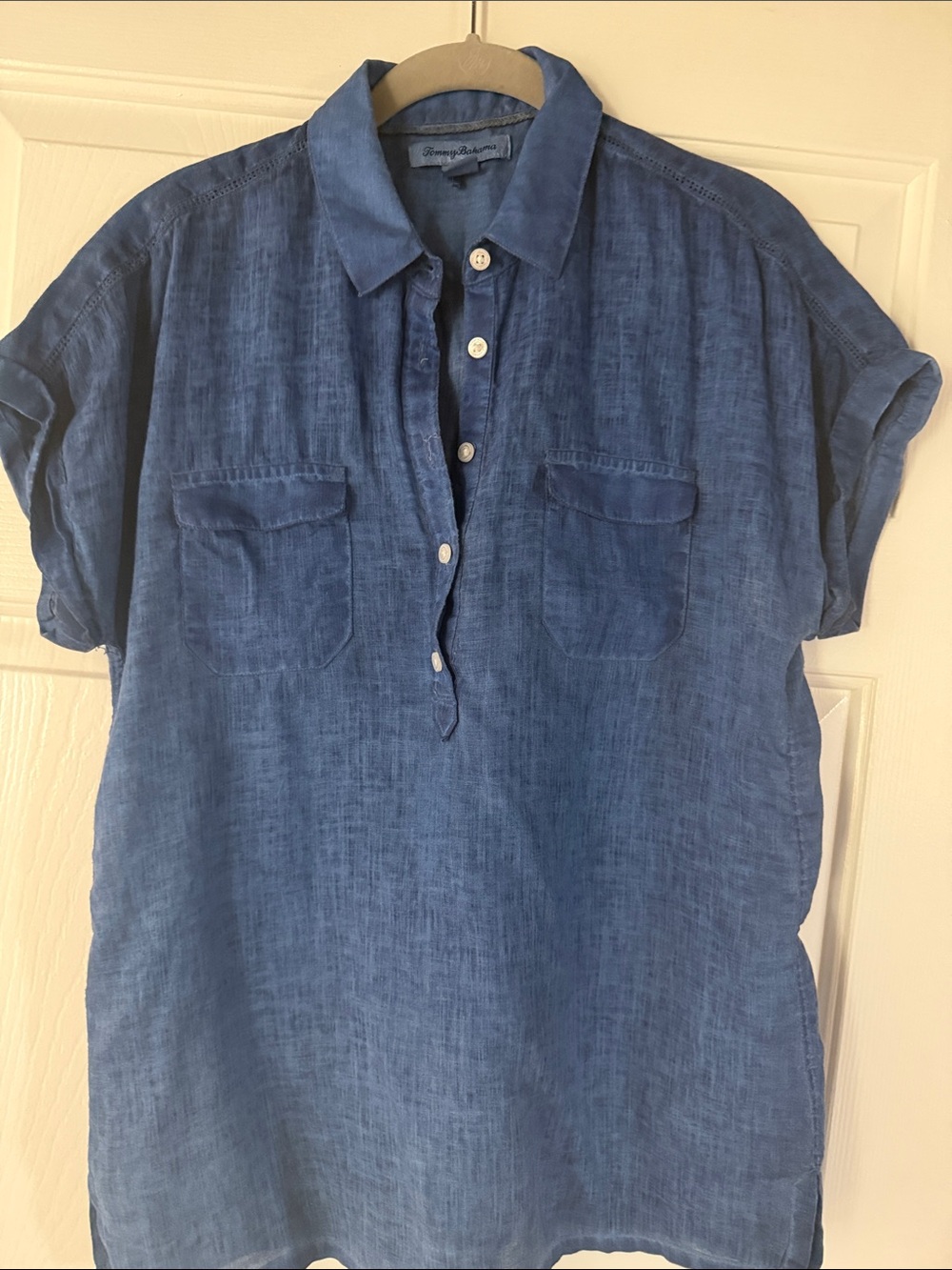 Tommy Bahama Navy Blue Short-Sleeve Linen Button Placket Shirt